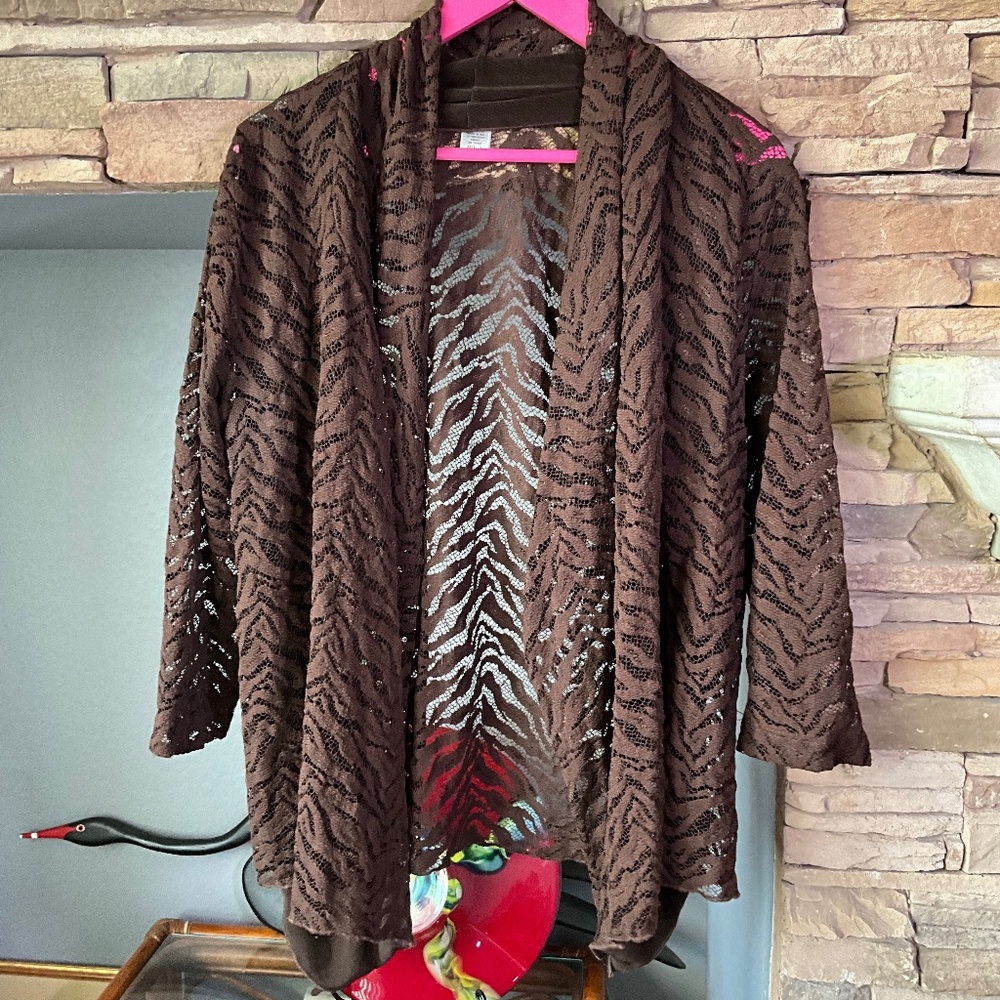 CHICOS XL/3 LACE SHEER CARDIGAN ANIMAL PRINT STRETCH OPEN FRONT 3/4 SLEEVE BROWN